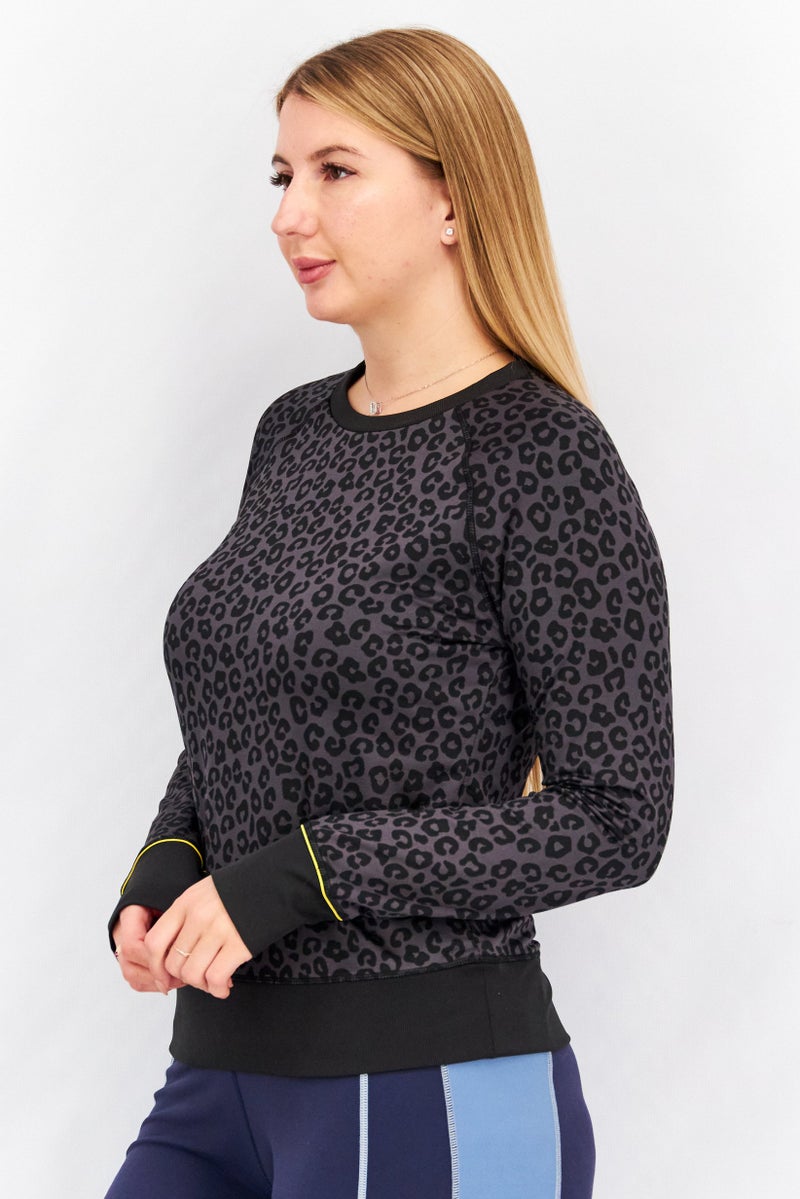 Aqua Women Sportswear Fit Animal Print Long Sleeve Training Tee, Dark Grey - Image 2